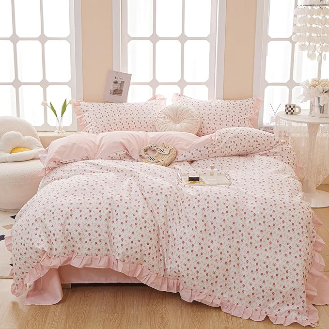 VM VOUGEMARKET Pink Floral Comforter Set Full,1 Fluffy Ruffle Comforter with 2 Pillow Shams Soft Comfy Reversible Stripes Bedding Comforter Set for All Seasons-79 x90