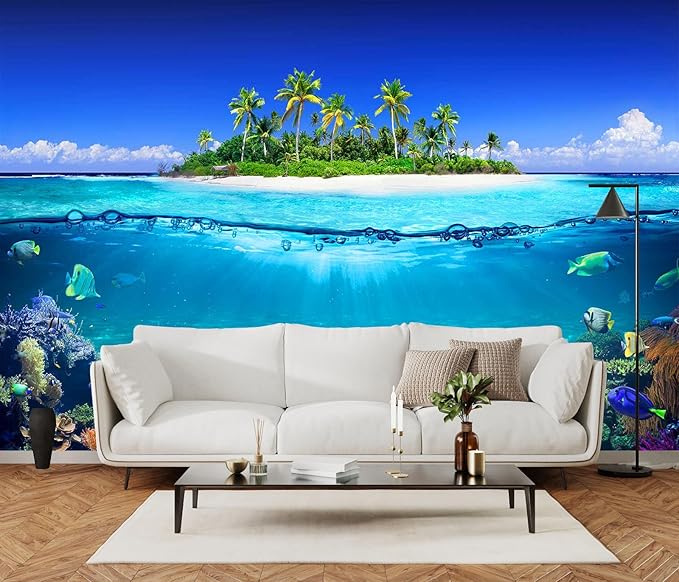 Tropical Islands and Coral Reefs, Waterline Split Landscape Mural, Beach Coconut Tree Wall Mural（Non-self-Adhesive）