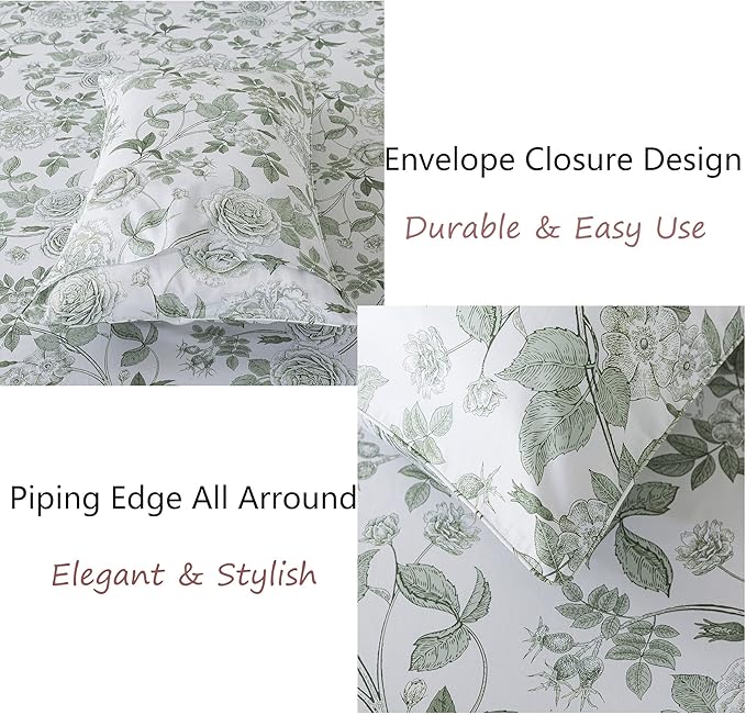 FADFAY Sheets Set King Vintage White and Green Floral Bedding Elegant Peony Sheets Set Shabby Rose Farmhouse Bedding 100% Egyptian Cotton 800 Thread Count Deep Pocket Fitted Sheet 4Pcs, King Size