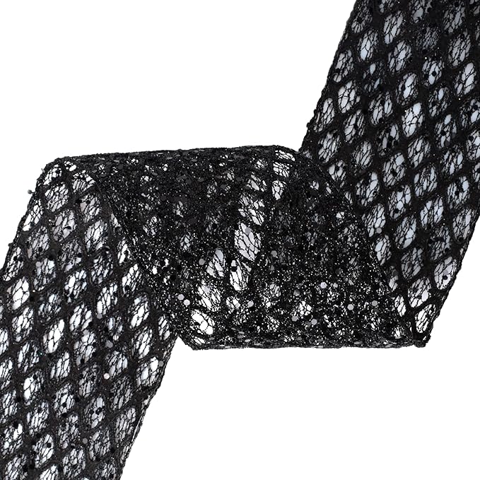 VATIN 4" Black Christmas Ribbon, Black Glitter Mesh Diamond Web Sequin Dots Wired Christmas Ribbon for Gift Wrapping Bow Making Wreath Supply-10 Yards