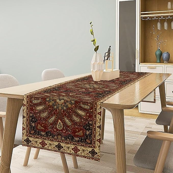 Boho Paisley Table Runner, Classic Traditional Red Gold Mandala Vintage Farmhouse Decor Table Runner for Kitchen Dining Festive Holiday Party Wedding Gathrting, 13x70 Inch