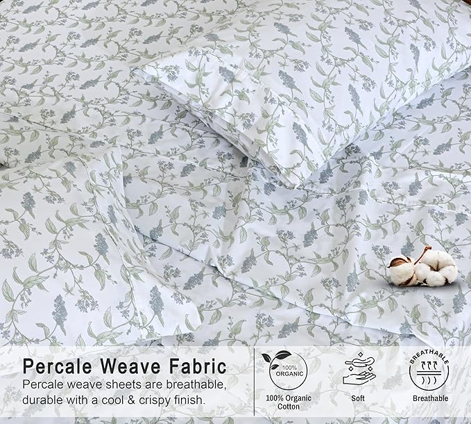 RUVANTI 100% Organic Cotton Sheets Twin Size, Percale Weave, GOTS Certified, 3-Piece Set, Deep Pocket 15", Crisp & Breathable, Soft Durable Bedding, Sábanas Algodón Orgánico – Vine Yard