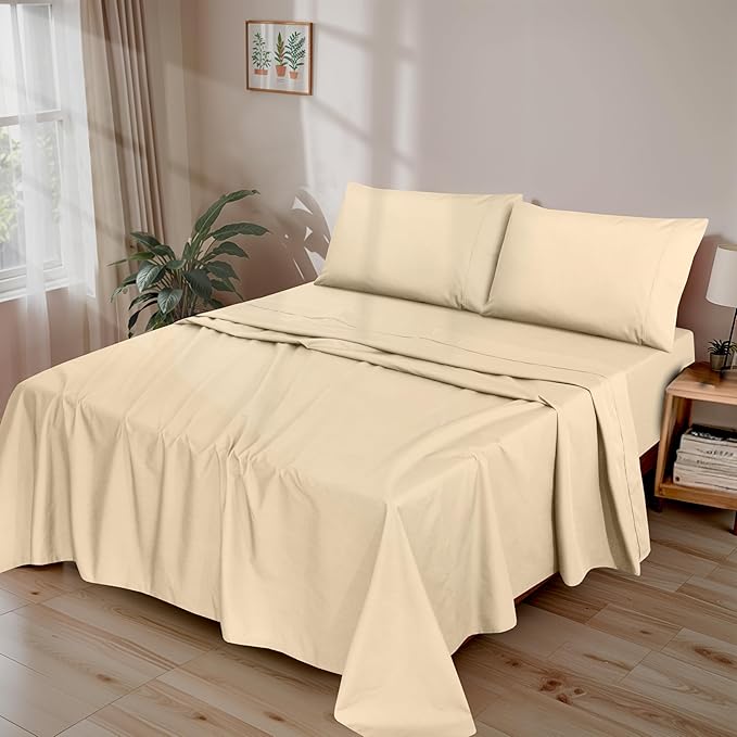 RUVANTI 100% Cotton Twin Sheets Set, 3 Pieces, Soft & Breathable Percale Weave Bedding, Deep Pocket 16", Hotel Standard, Crisp Cool Feel, Durable, Perfect Dyed Bed Sheet, Beige