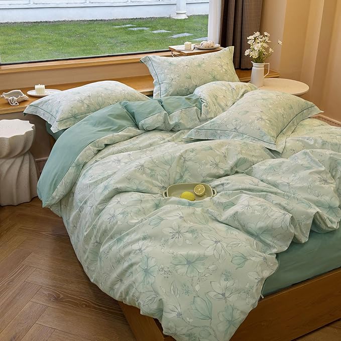 AOJIM Aesthetic Floral Printed Duvet Cover Set for Room Decor, Green Pure Cotton Comforter Cover Set 3pcs for Kids Adults, 1 Soft AB-Sided Quilt Cover Queen Size and 2 Matching Pillowcases, No Quilt