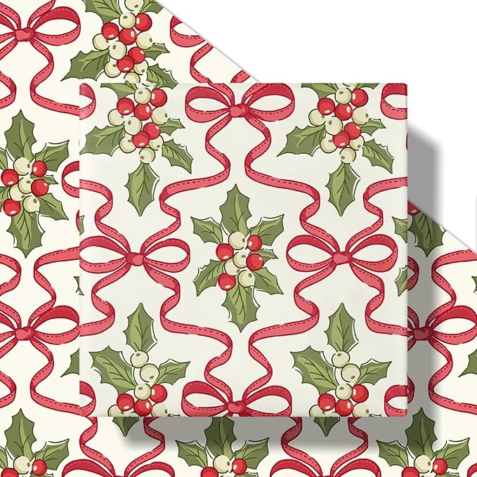 LeZakaa Christmas Wrapping Paper Roll – 17 in x 16.4 ft Gift Wrap with Red Ribbon Bows & Holly Berry Festive Design for Holiday Presents & Party Decorations