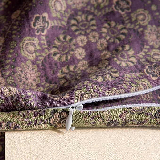 VM VOUGEMARKET Full Duvet Cover Set Purple Green Floral Pattern,3 Pieces Reversible Boho Medallion Jacquard Flower Bedding Set,Linen Cotton Yarn-Dyed Textured Duvet Cover with Zipper Closure