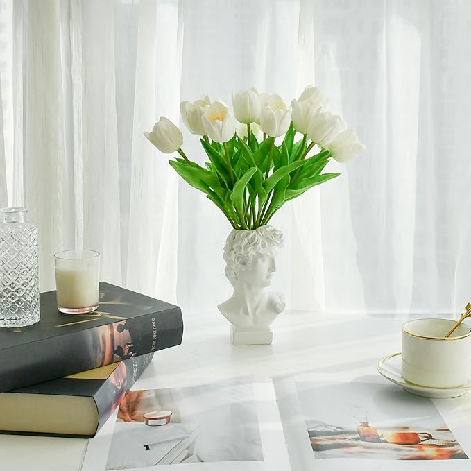 Mandy's Artificial Tulips 12 Stems White Partially Open PU Faux Flowers for Thanksgiving and Christmas Decorations Wedding Home Decor 13.5 Inch