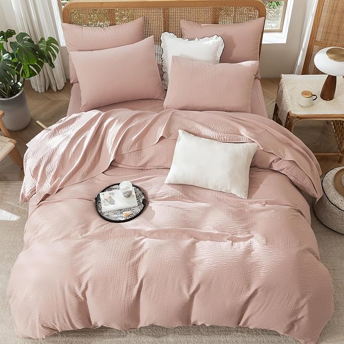 King Duvet Cover Dusty Rose, Luxury Soft Double-Layer Crinkle Gauze Rose Pink Duvet Cover, 3 Pieces Bedding for All-Season, Breathable with Zipper Closure & Corner Ties