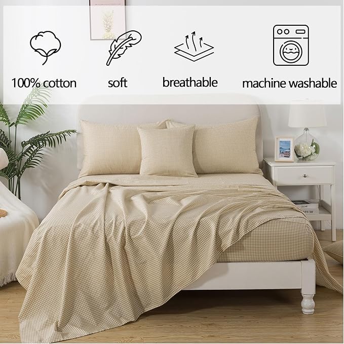 FADFAY Brown Plaid Twin Size Sheets 100% Cotton Geometric Checker Bedding Teens Grid White Gingham Pattern College Bedding Deep Pocket Sheets with 2 Pillowcases Ultra Soft 4pcs, Twin Size