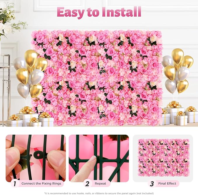 12pcs Flower Wall Panels 15.7“ x 23.6" Floral Wall Artificial Flower Backdrop for Wedding Party Photo Backgrounds Dark Pink