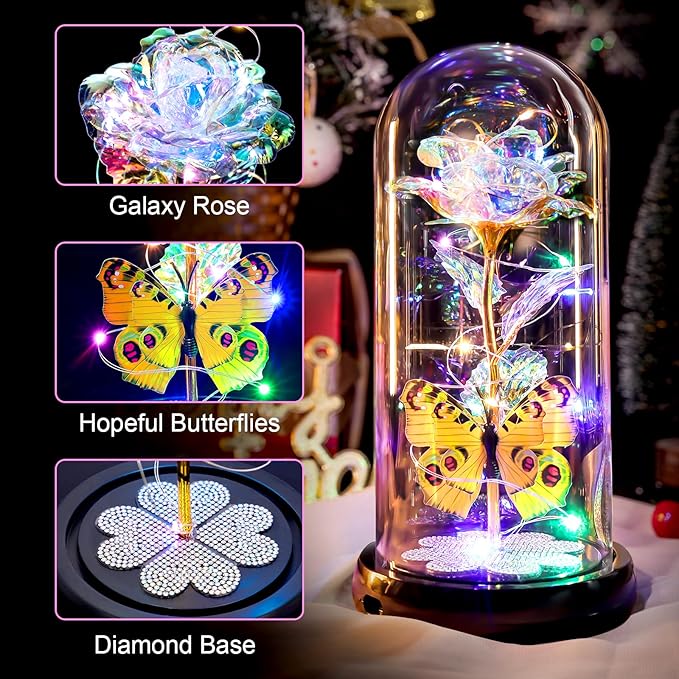 Christmas Rose Gifts for Women, Womens Gift for Christmas Rechargeable Galaxy Glass Rose Light Up Roses In Glass Dome Colorful Crystal Flower Butterfly Birthday Xmas Gifts for Women Her Wife Grandma