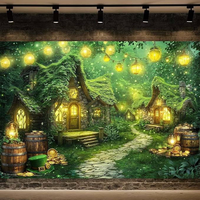 10X8ft St. Patrick's Day Backdrop Magic Enchanted Forest Green House Lucky Irish Shamrock Gold Coins Wonderland Photography Background for Kids Girls Party Decoration Cake Table Photo Booth Props