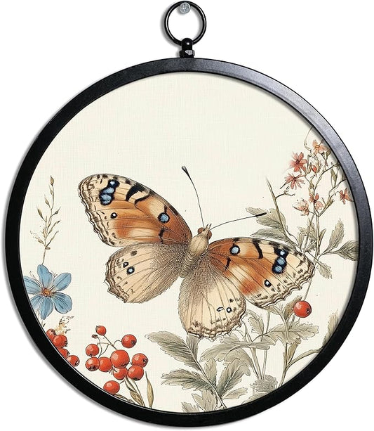 XIAOAIKA Vintage Wall Art with Metal Frame, Round Wood Print Featuring Butterfly and Berries, Boho Wall Decor for Living Room, Bedroom, Kitchen, Hallway, 10 Inch