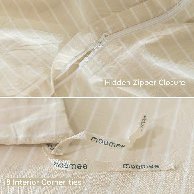 MooMee Striped Duvet Cover Set 100% Washed Cotton Linen Like Textured Breathable Durable Soft Comfy (Almond Milk Grey White Wide Stripes, Super Queen 90"x98")