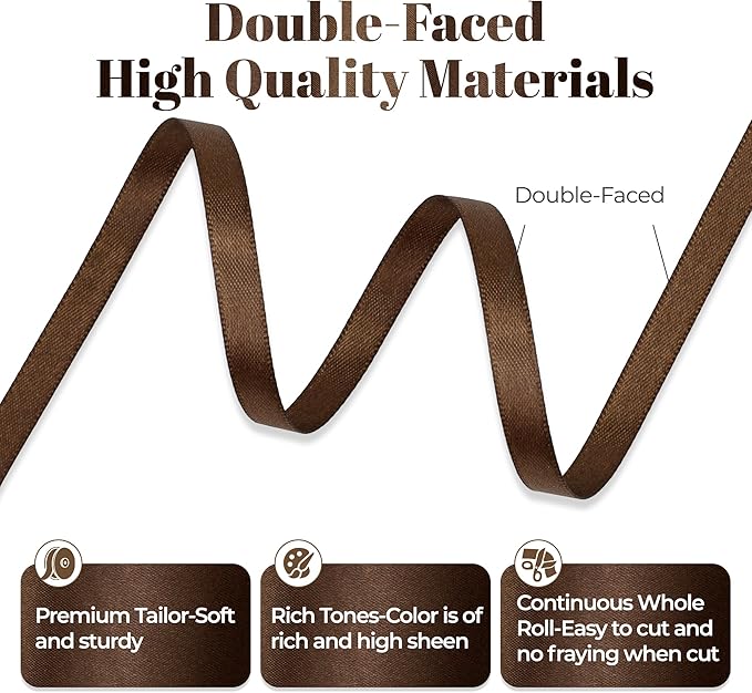 Brown Satin Ribbon, Double Faced 1/4 Inch X 50 Yards Brown Ribbon, Premium Satin Ribbon for Gift Wrapping, Crafts, Hair Bow Making, Sewing, Flower Bouquet, Wedding Party Decor