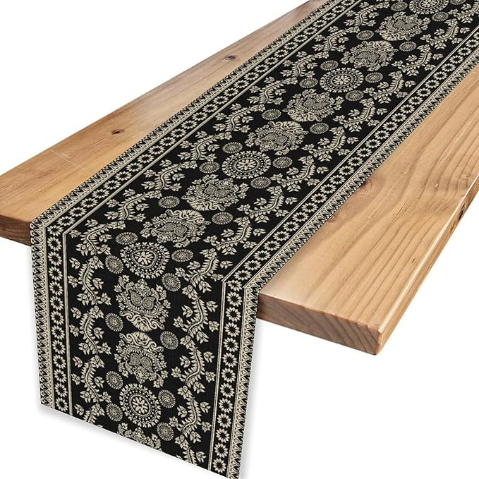 Black Paisley Table Runner, Retro Damask Boho Floral Print Linen Table Center Decor Family Kitchen Outdoor Farmhouse Holiday Party Table Decorations 13x90 inch