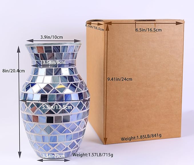8" H Gray Blue Mosaic Vase.Exquisite Craftsmanship.Decor Home Modern Midsize All Handmade Mosaic Vases .Beautiful Glass Vase for Home&Office Decor.Unique Gift