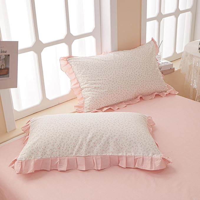 EAVD Pink Floral Duvet Cover King Soft 100% Cotton Chic Romantic Ruffled Floral Bedding Set with 2 Pillowcases Vintage Style Botanical Floral Comforter Cover with Zipper Closure
