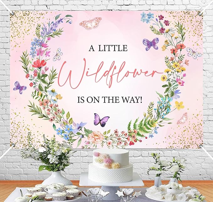 Sensfun A Little Wildflower is On Way Baby Shower Backdrop Banner Girl Wildflowers Party Decorations,Pink Wild Flowers Floral Theme Background for Girls Baby Shower Decor Photo Booth Props 10X7ft