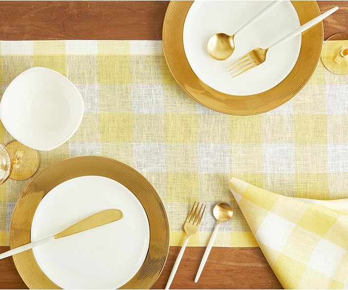 Solino Home Linen Checkered Table Runner 60 Inches - 100% Pure Linen Yellow and White Buffalo Check Table Runner 14 x 60 Inch Ideal for Dresser and Coffee Tables, Spring, Easter
