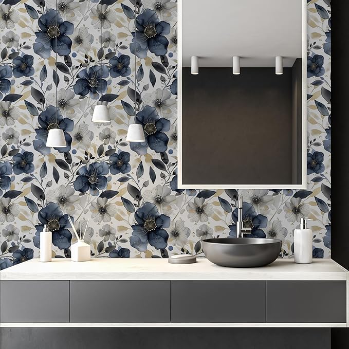 Floral Peel and Stick Wallpaper - Vintage Dark Blue/Gray Flower Removable Boho Wallpaper for Bedroom Bathroom - Renter Friendly Contact Paper - 17.71'x118.1'