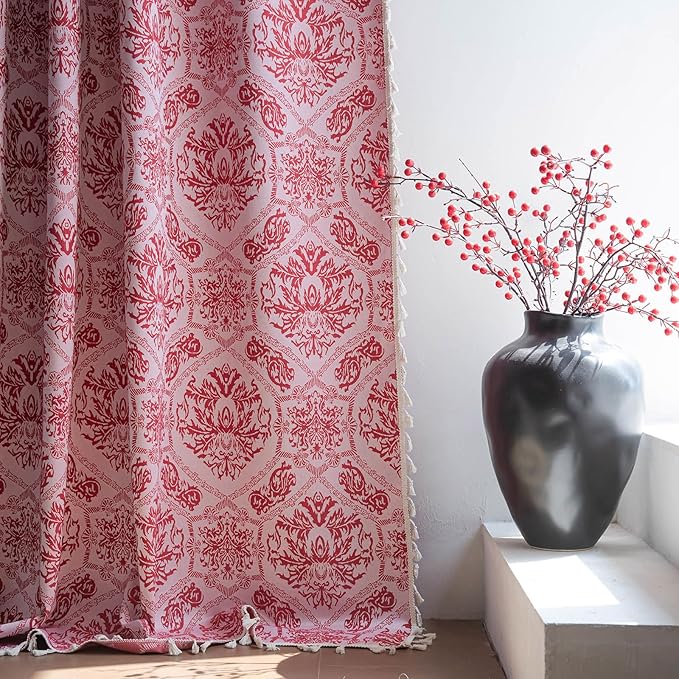 ENJOYBRIDAL Red Damask Curtains 84 Inches Living Room Bedroom Drapes 2 Panel Sets Vintage Semi Sheer Floor Length Window Curtains Dining Room Rod Pocket Jacquard Medallion Patterned Window Treatments