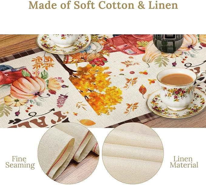 Fall Pumpkin Table Runner,Rustic Maple Yellow Leaf Trees Truncks Brown Plaid Tablecloth Burlap for Hotel Indoors Outdoor Dining Room Kitchen Home Decor,W13X L80 in