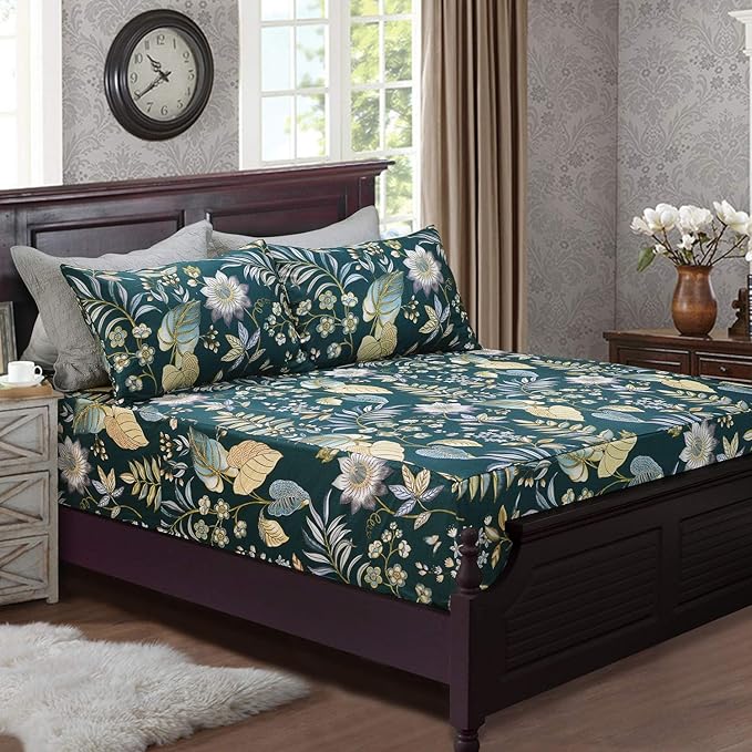 FADFAY Sheets Set Twin Teal Elegant Floral Bedding Tropical Plam Leave Sunflower Bedding 800 Thread Count Luxury Summer Sheets 100% Egyptian Cotton Deep Pocket Bed Sheets Set, 4 Pieces-Twin Size