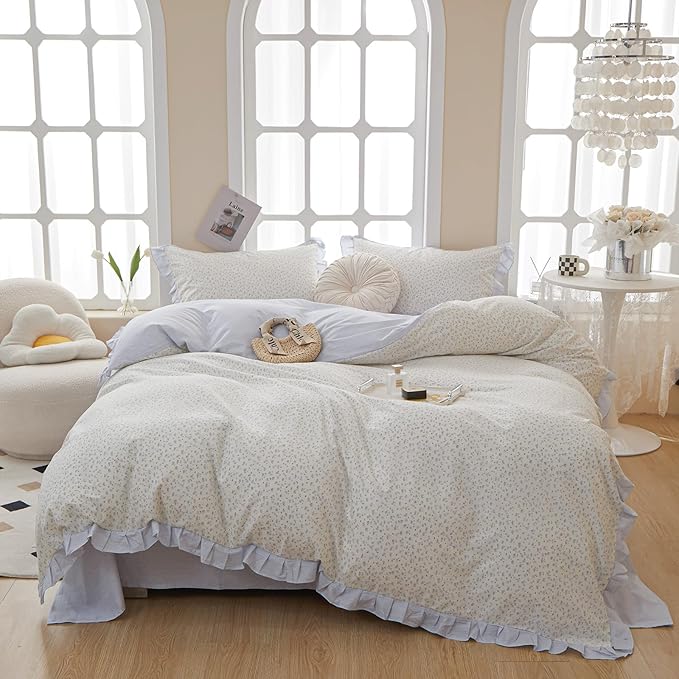Ruffle Floral Duvet Cover Full Chic Vintage Blue Flower Duvet Cover Girls Romantic Lace Comforter Cover Cotton Floral Botanical Bedding Cover Cottagecore Flower Comforter Cover with 2 Pillowcases