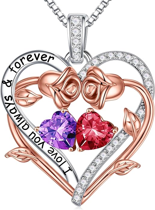 Iefil Rose Heart Double Birthstone Necklace Gifts for Wife Her Mom Women, Birthstone Jewelry Gemstone Birthday Gifts for Girlfriend Grandma Her Wife Women