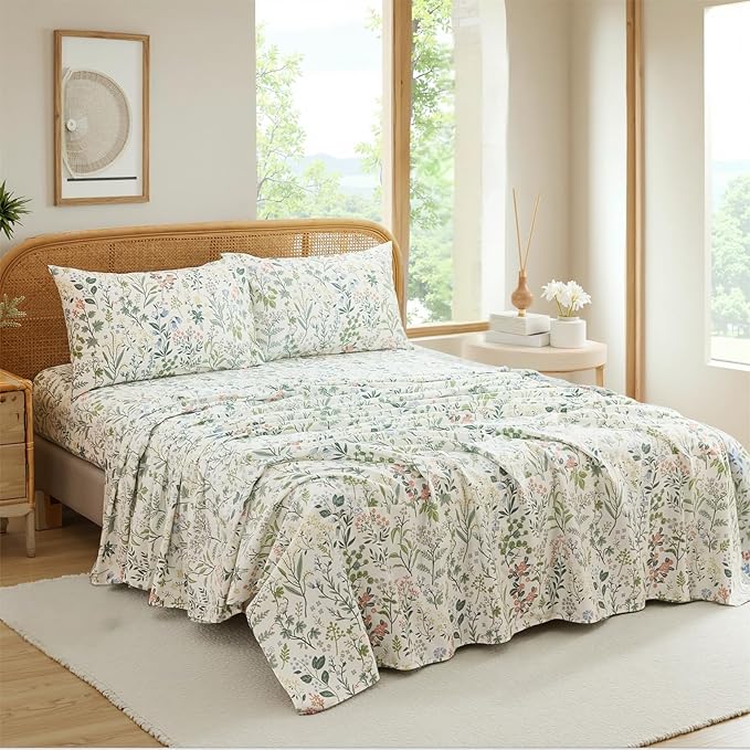 100% Cotton Sheet Set Queen Size – 4-Piece Vintage Green Garden Floral Bedding Set, Soft Breathable Percale Weave, Deep Pocket Fitted Sheet 17.5", Crisp Cool Feel, Refined Botanical Elegance