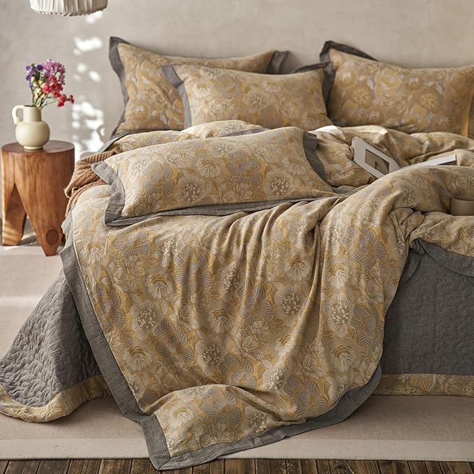 EAVD Vintage Style Yellow Floral Duvet Cover Queen Soft 100% Muslin Cotton Yarn-Dyed Jacquard Textured Bedding Set with 2 Pillowcases Linen Like Gauze Botanical Duvet Cover with Zipper Closure