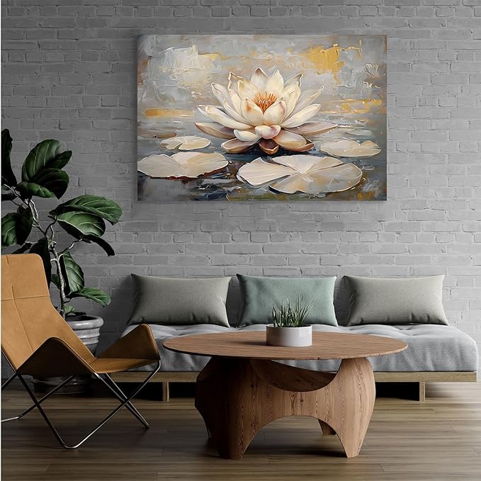 Ethereal white lotus floating on Crystal Waters poster vintage oil painting printwall art soft blush and gold accents serene home and office decor dreamy 12x18in Wood Framed