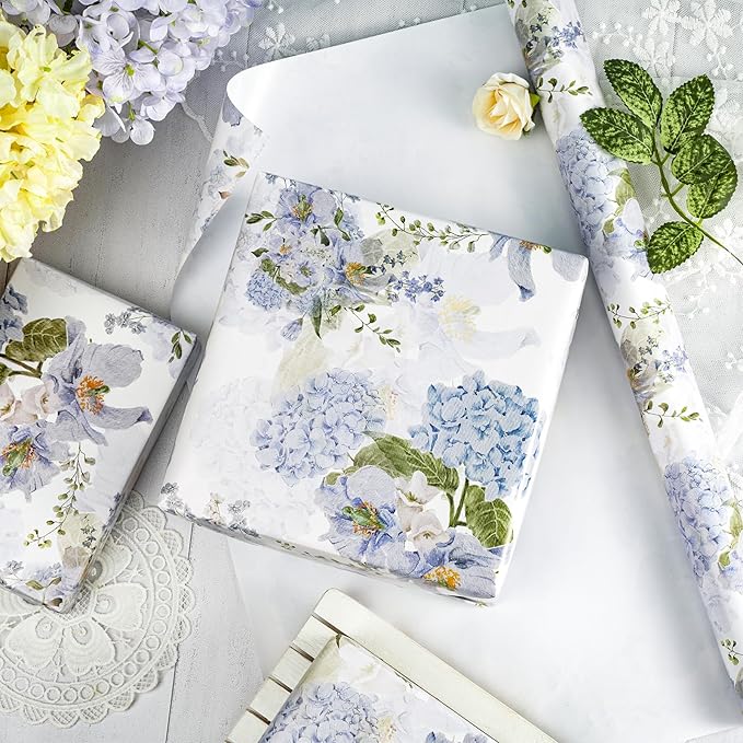 LeZakaa Floral Wrapping Paper Jumbo Roll, Blue Hydrangea Flowers Party Gift Wrap for Wedding, Bridal Shower, Baby Shower, Anniversary, Mother's Day, Birthday, 30 inches x 32.8 Feet