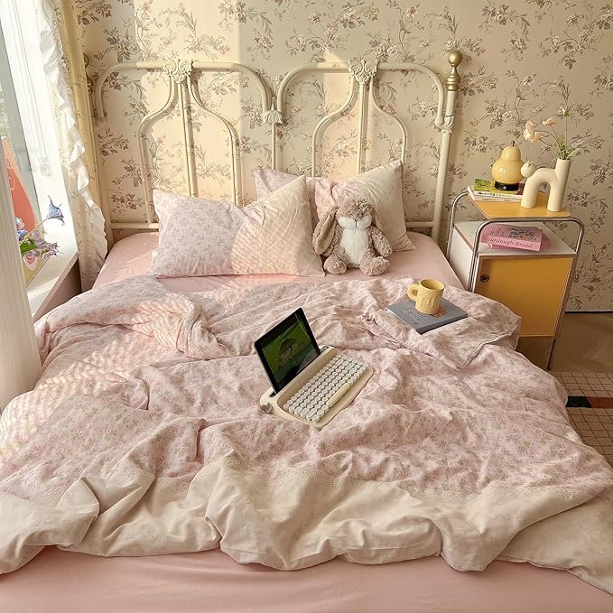 LifeTB Pink Floral Duvet Cover Twin XL Romantic Lace Bedding Set Garden Style Cottagecore Flower Duvet Cover with Zipper Closure Soft Washed Microfiber Botanical Comforter Cover for Teen Girls