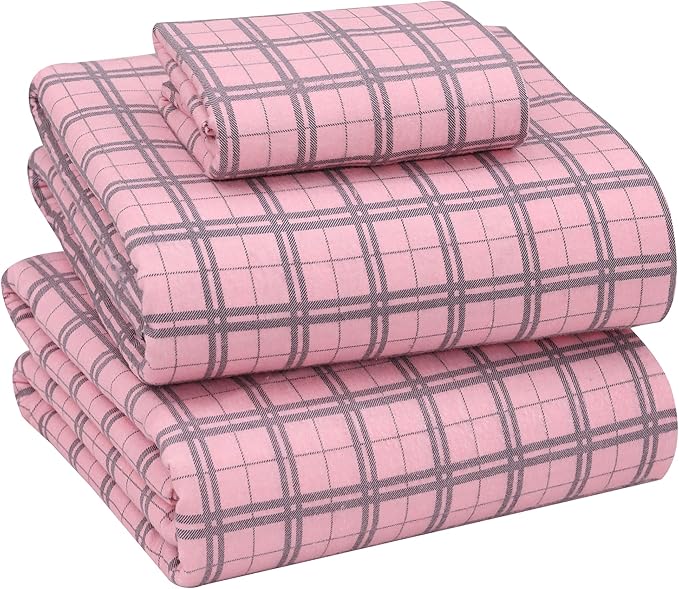 RUVANTI Flannel Sheets Twin XL Size - 100% Cotton Double Brushed Twin XL Sheet Sets, Deep Pockets 16 Inches, All Seasons Breathable & Extra Soft Bed Sheets, Warm & Cozy, 3 Piece, Check & Bolt Pink