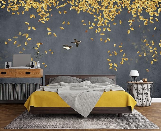 Ginkgo Leaf Flower Bird Wall Mural Wallpaper for Bedroom 178" x 117"