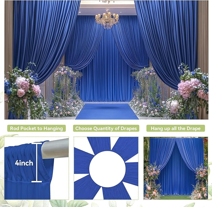 PartyVillage 20ft×15ft Royal Blue Backdrop Curtain for Wedding Parties, 4 Panels Wrinkle Free 15 FT Long Polyester Photo Backdrop Drapes Back Drop Cloth for Birthday Photography Background