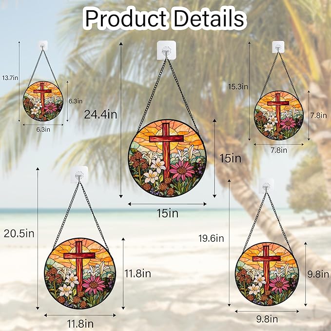 Christian Gifts for Women - Cross Stained Glass Window Hanging Easter Flower Sunset Landscape Sun Catcher Garden Religion Decor Mother's Day Catholic Gift for Men Grandma Mom Her Nana 11.8"