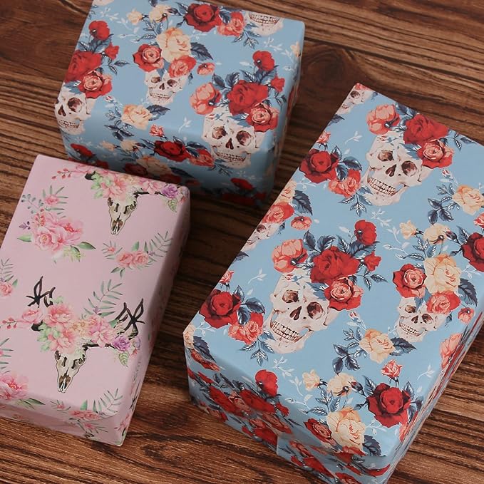 Aimyoo Blue Red Floral Kraft Wrapping Paper Roll, All Occasion Skull Flower Gift Wrap Paper for Birthday Bridal Shower 17 in x 10 ft
