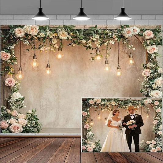12x10ft Country Wedding Photography Backdrop Floral Rustic Roses Farmhouse Wooden Door Backdrop Pink Flower Birthday Baby Shower Wedding Bridal Party Banner Photo Booth Props Anniversary Background