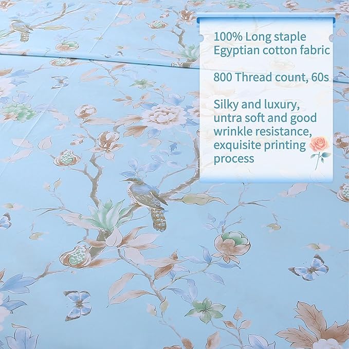 RYNGHIPY Egyptian Cotton Bed Sheet Set Blue Bird Botanical Pattern Bed Sheets Deep Pocket Fitted Sheet Tree Branches Print Bedding Soft Breathable (Light Blue,King Size)