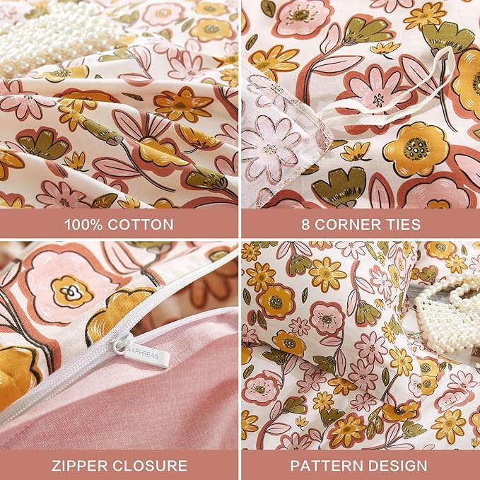 SAPHREAS Pink Floral Duvet Cover Set Queen Size Garden Style Yellow Flowers Bedding Comforter Cover Set 100% Cotton 1 Duvet Cover 90"x90" 2 Pillow Shams, Comforter Not Included