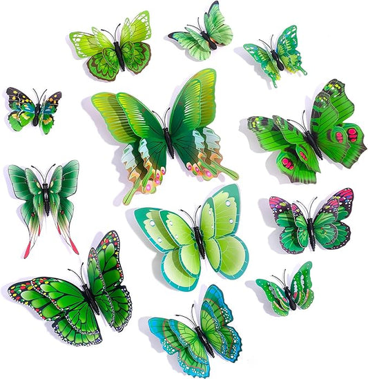 SAOROPEB 3D Butterfly Wall Decor, 72 Pcs Double Layer Butterfly Decorations for Party Decorations Locker Decor Refrigerator Decal, Reusable (Green)