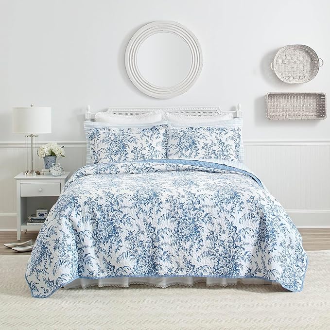Laura Ashley - Queen Quilt Set, Reversible Cotton Bedding with Matching Shams, Home Decor for All Seasons (Bedford Delft Blue, Queen)
