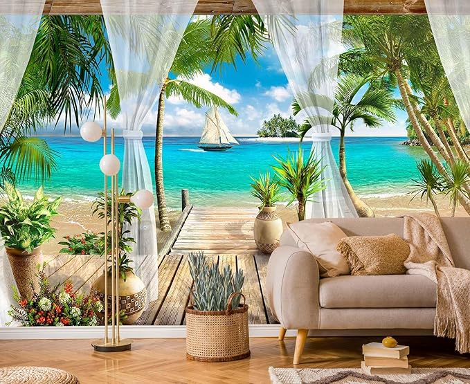 Tropical Beach Seascape Wallpaper Mural Blue Seawater Palm Tree Wall Mural for Bedroom Livingroom(Not Self-Adhesive)