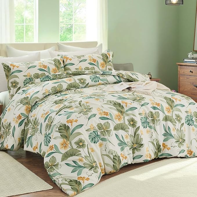 Green Floral Comforter Set King 100% Cotton Garden Style Bedding Flower Leaf Botanical Bed Chic Boho Home Decor