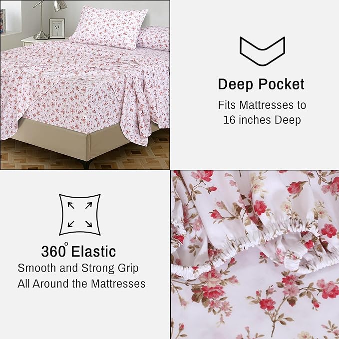 RUVANTI 100% Cotton Twin Sheets Set, 3 Pieces, Soft & Breathable Percale Weave Bedding, Deep Pocket 16", Hotel Standard, Crisp Cool Feel, Durable, Perfect Floral Bed Sheet, Bouquet