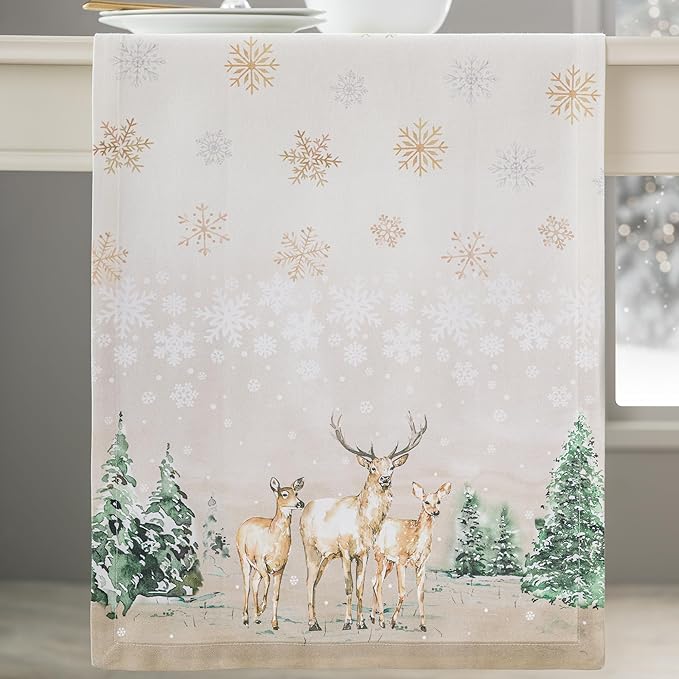 Maison d' Hermine Table Runner 100% Cotton Single Layer Table Runners 108 inches Long for Thanksgiving Christmas Decorations Home Kitchen Dining Party Wedding (Deer in The Woods, 14.5" x 108")