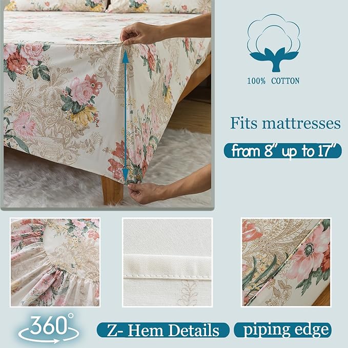 Zusbest Full Floral Bed Sheets, Soft 100% Cotton Pink & Cream Sheets, Shabby Vintage Chic Peony Flower Printed Paisley Bed Set, Breathable Luxury Bedding 4 Piece Deep Pocket 17.5‘’